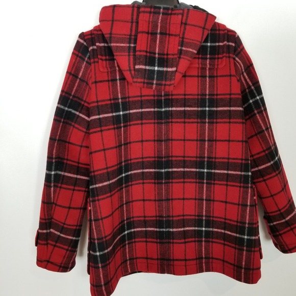 Gap Contrast Wool Blend Toggle Coat Sz M Red Black Plaid Classic Academia Hooded - Picture 5 of 11
